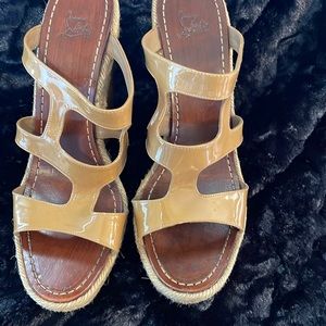 Christian Louboutin tan patent wedges, gently used but in very good condition